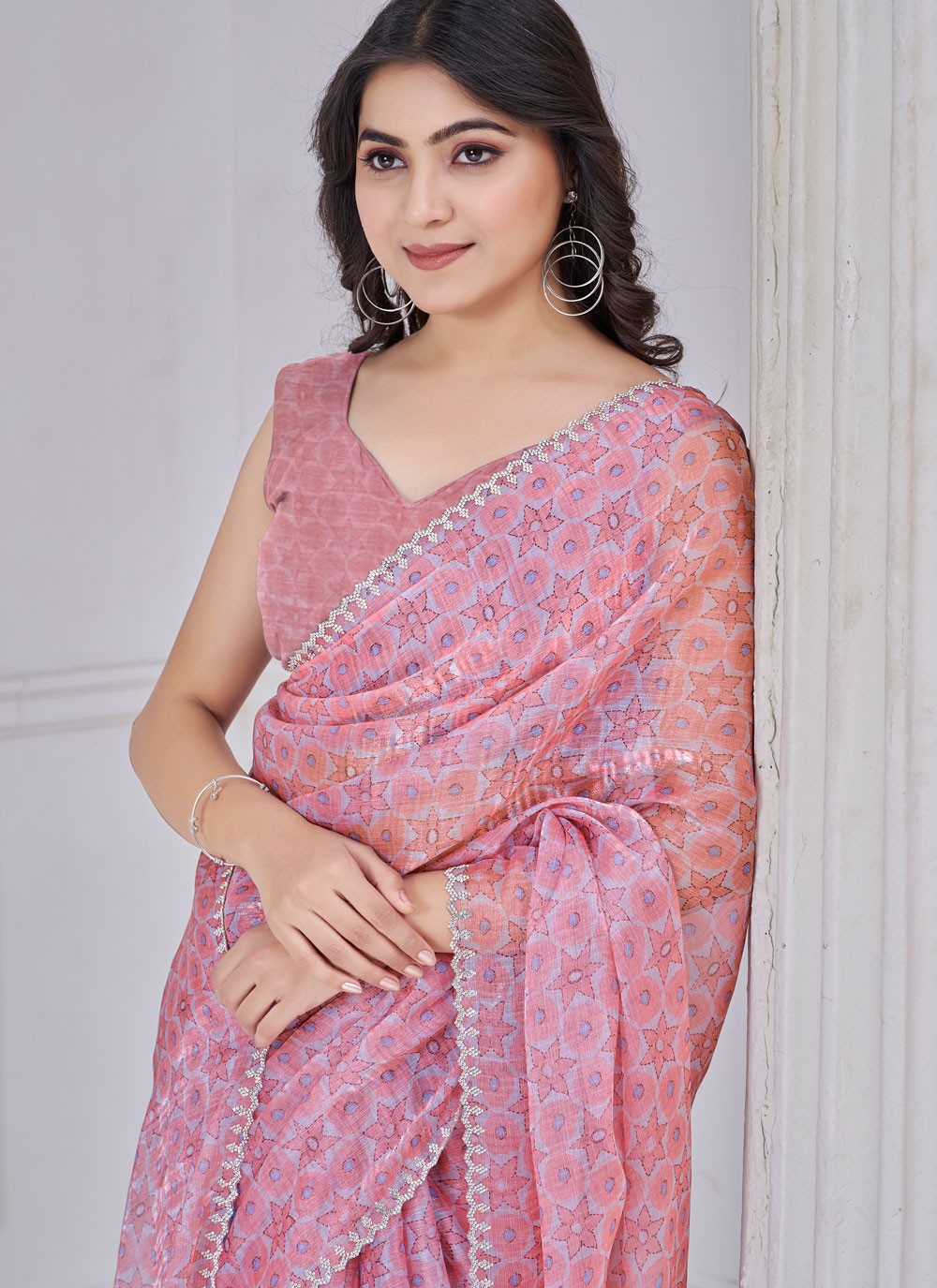 Cut Work Organza Pink Classic Saree S15146