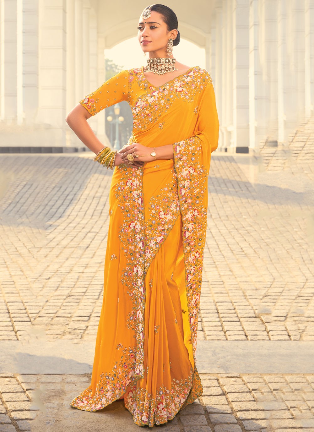 Beads Pure Crepe Yellow Saree S14298