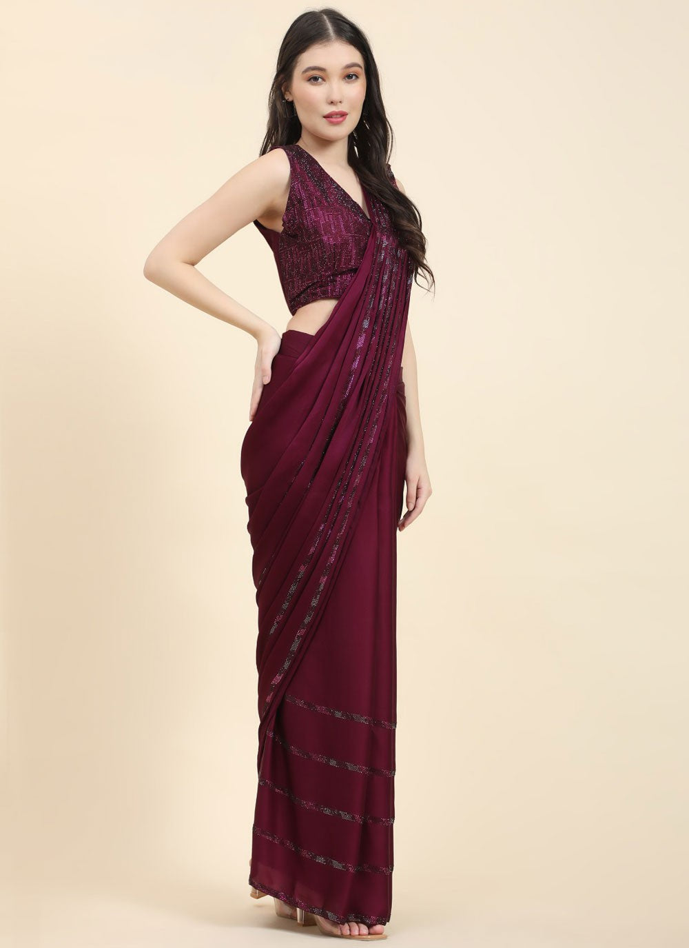 Classic Saree Fancy Work Wine Satin Saree S12753