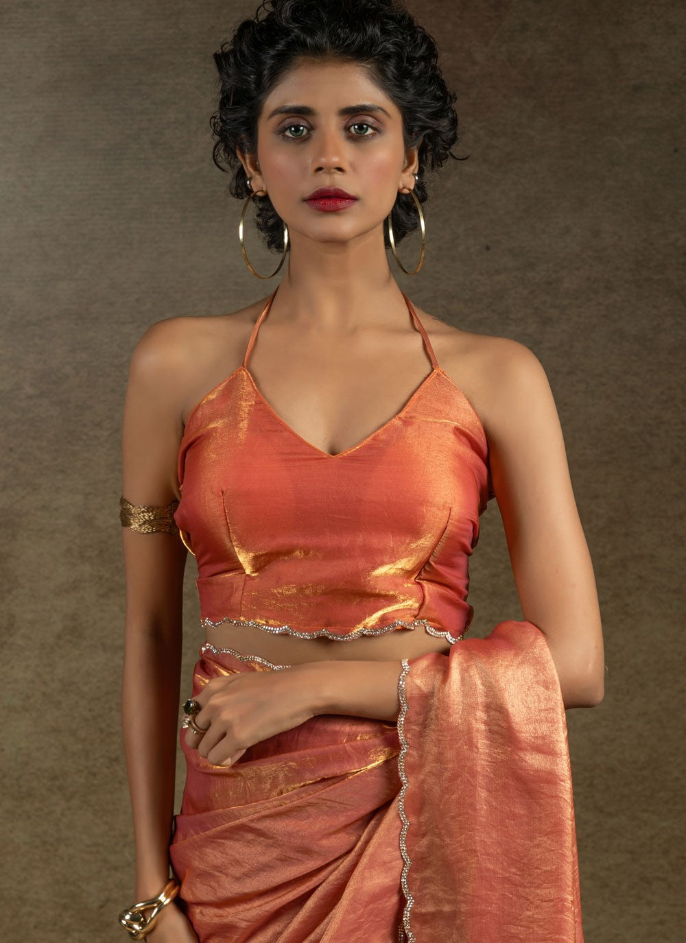 Cut Work Satin Silk Orange Designer Saree S15419