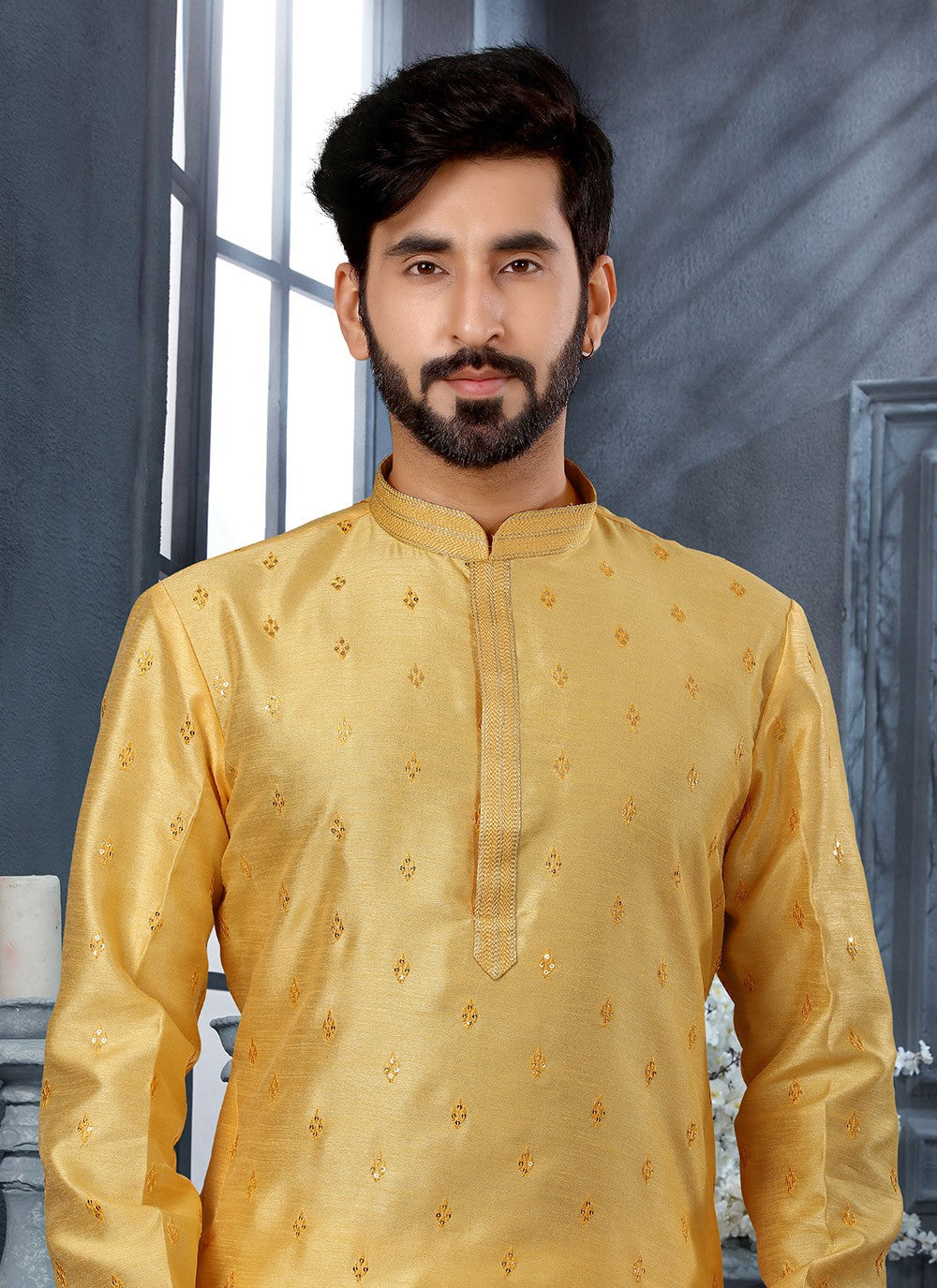 Stones Silk Yellow Kurta - M5647