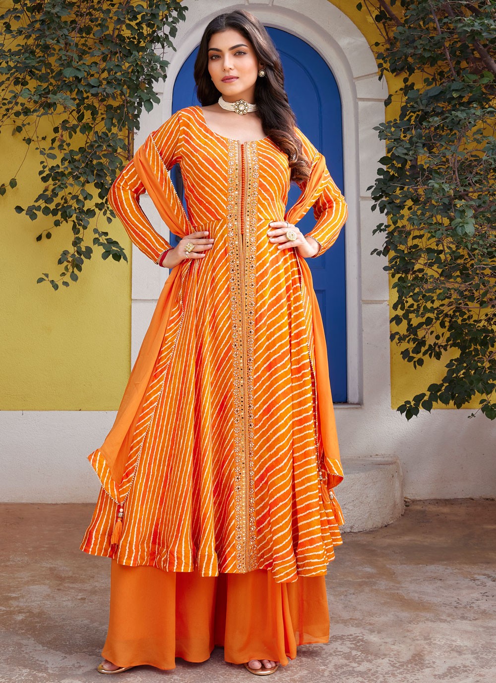Anarkali Embroidered Orange Georgette T5573