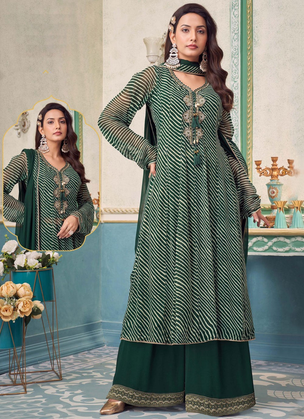 Palazzo Suit Embroidered, Strips Green T7785