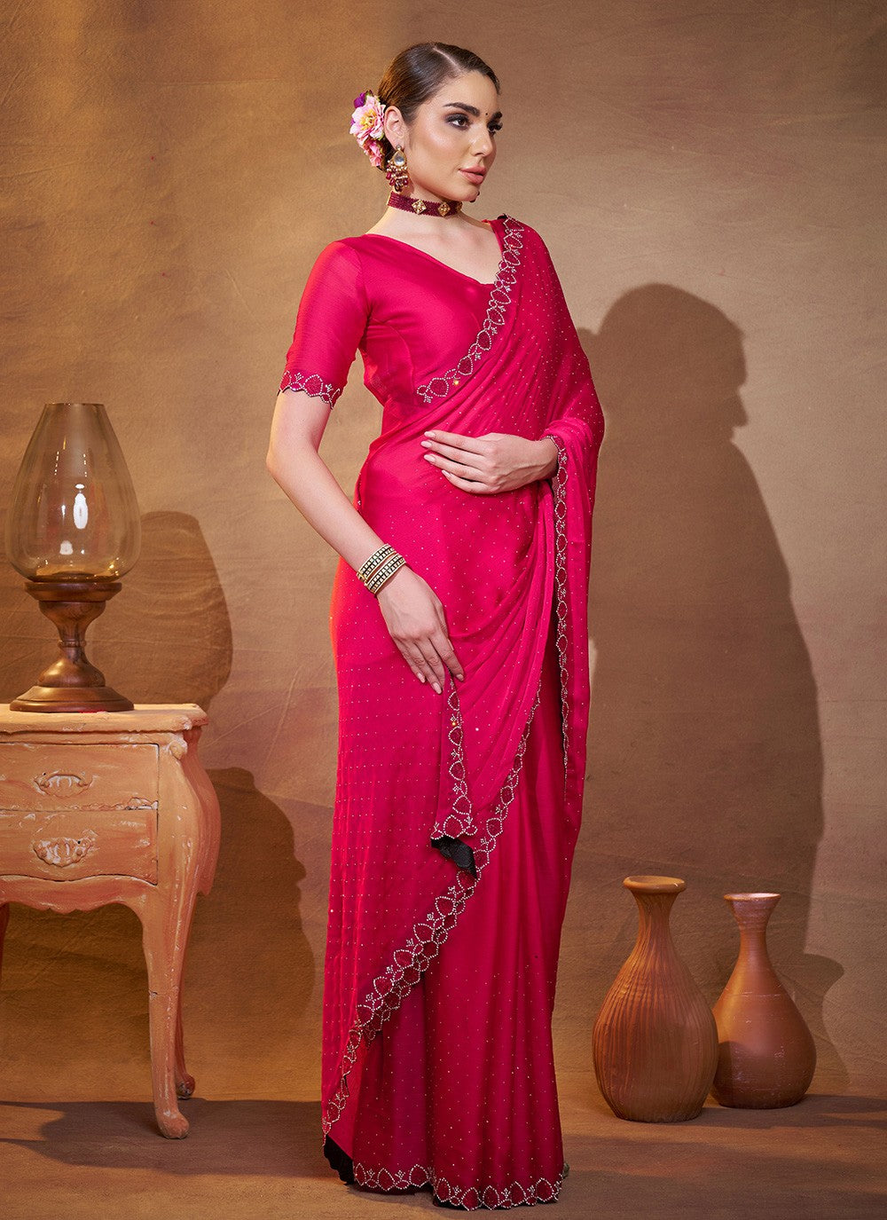 Swarovski Chiffon Satin Pink Saree S14369