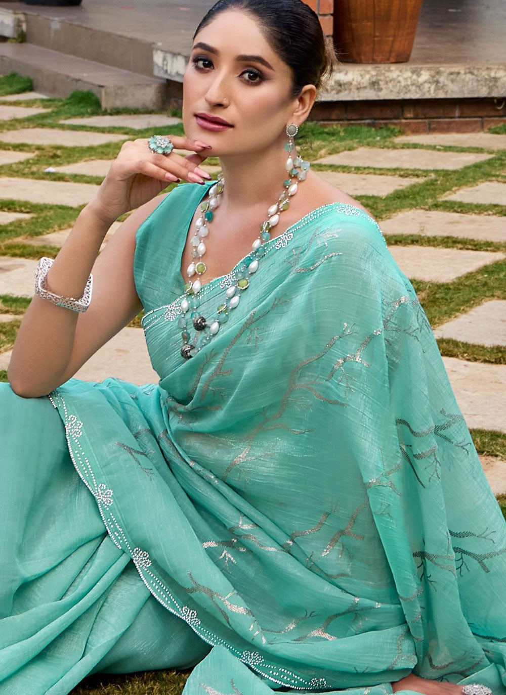 Designer Swarovski Aqua Blue Silk Saree S13467