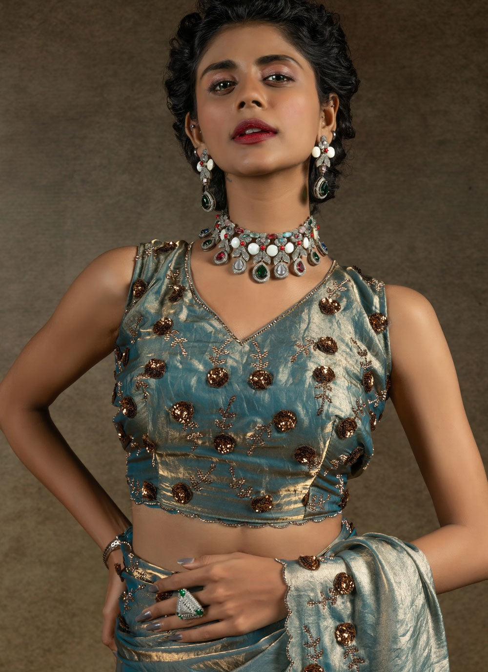 Sequins Satin Silk Firozi Saree S14820