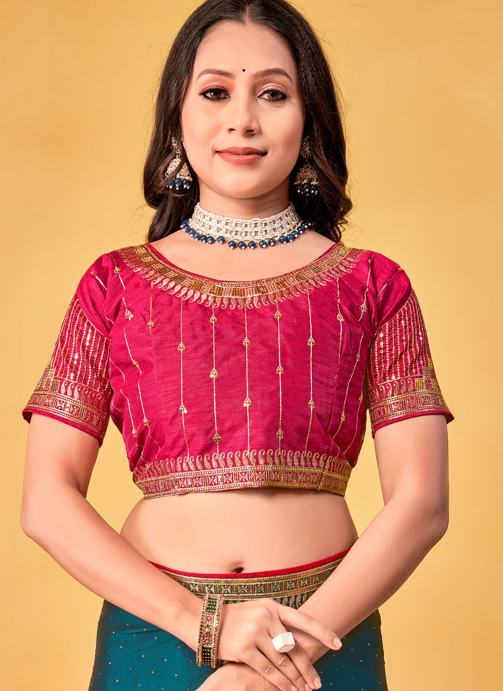 Trendy Saree Border Work Blue, Teal Rangoli Saree S12684