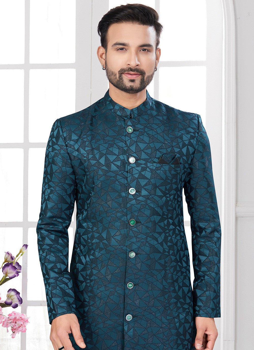 Buttons Imported, Jacquard Teal Indo Western - M8657