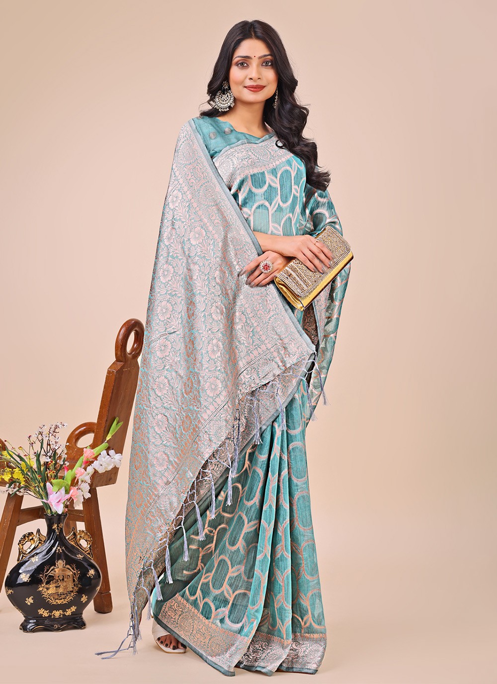 Woven Cotton Teal Contemporary Saree S15140