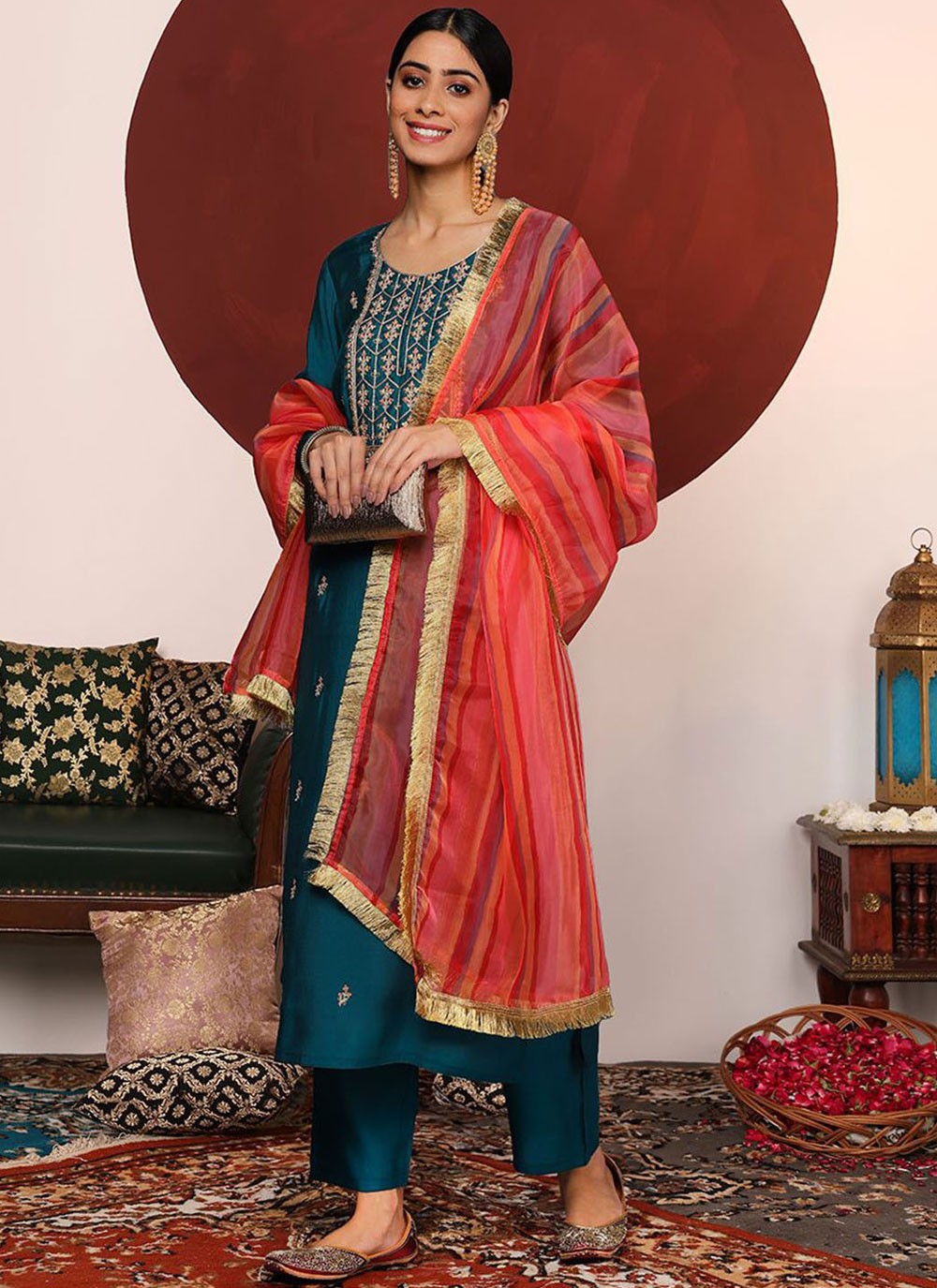 Pant Style Suit Embroidered Teal Silk T5284