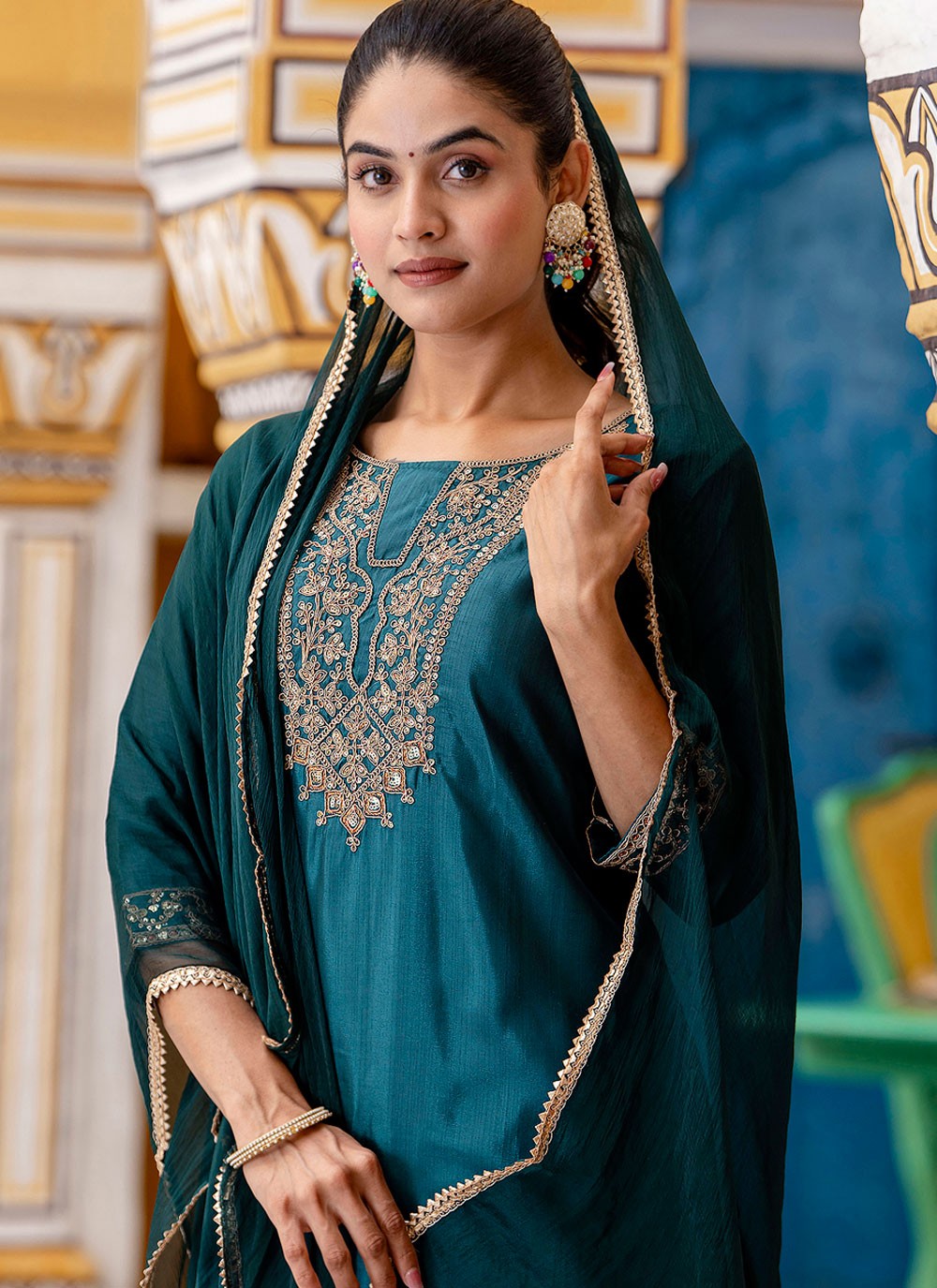 Pant Style Suit Embroidered Teal T8790