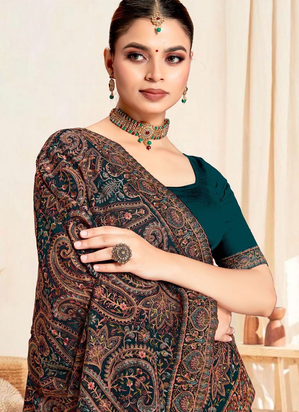 Teal Georgette Classic Saree Embroidered, Resham S19831