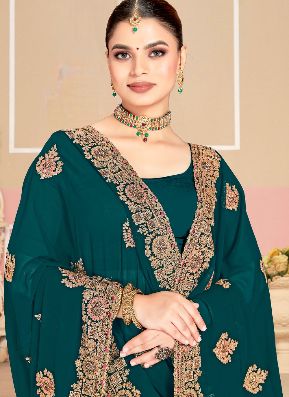 Teal Georgette Traditional Saree Cord, Embroidered S19981