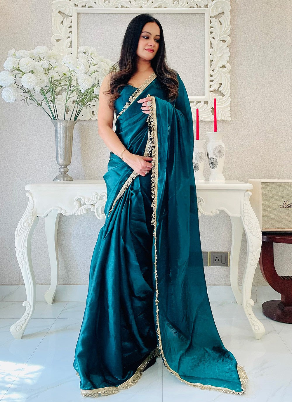 Embroidered Satin Teal Classic Saree S15216