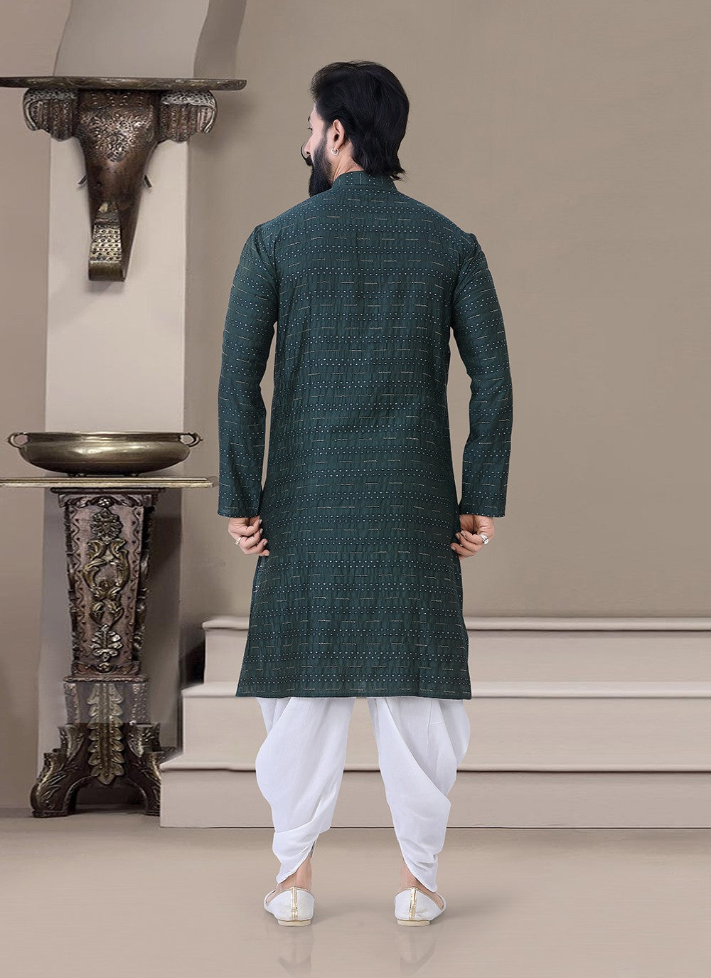 Fancy Work Silk Teal Dhoti Kurta - M3455
