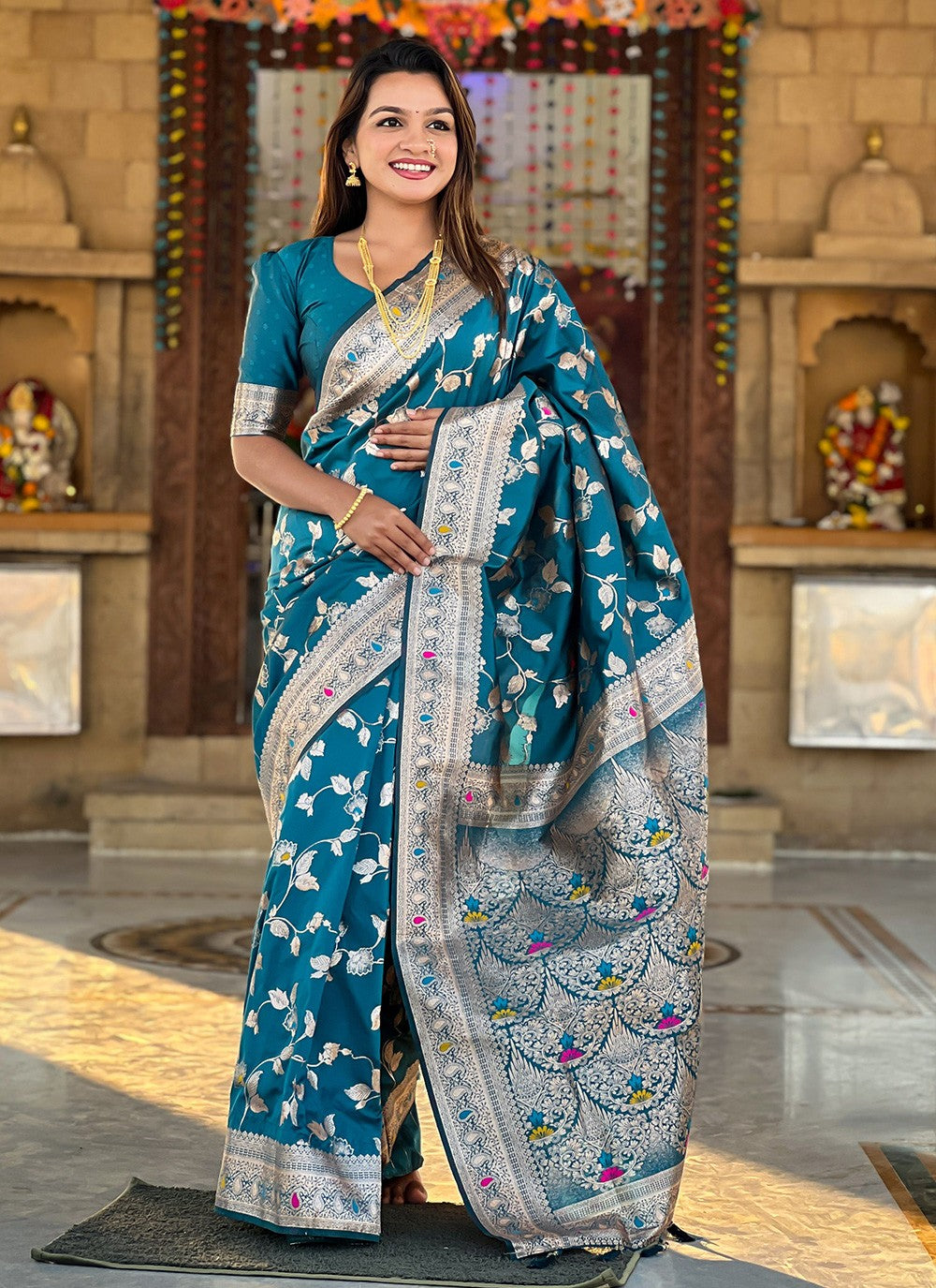 Teal Banarasi Silk Contemporary Saree Jacquard Work S16585