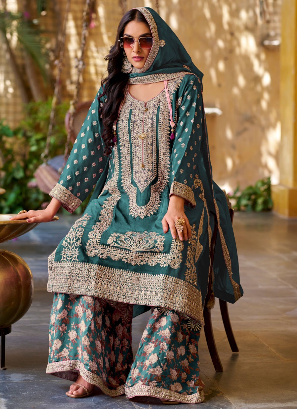 Palazzo Suit Embroidered, Mirror, Sequins, Zari Teal T6743