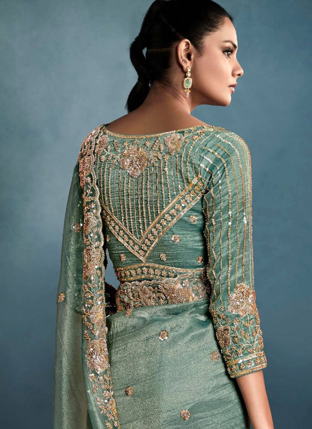 Cut Work Tissue Teal Designer Saree S14868