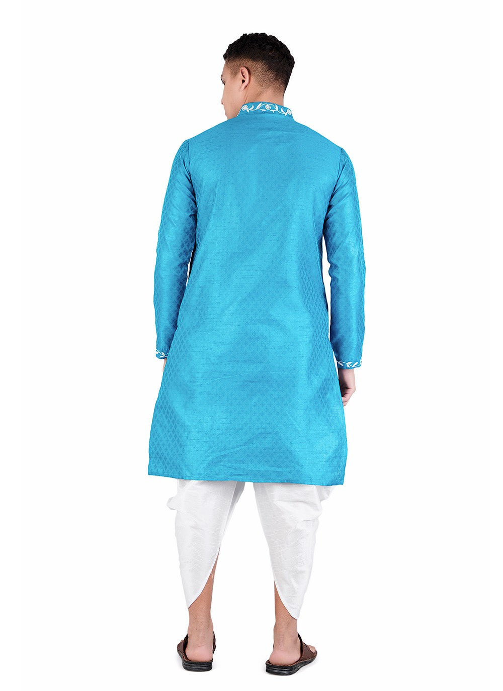 Machine Embroidery Jacquard, Satin Teal Dhoti Kurta - M6524