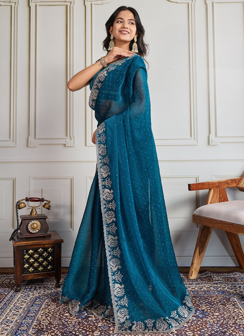 Teal Silk Contemporary Saree Embroidered, Swarovski S19437