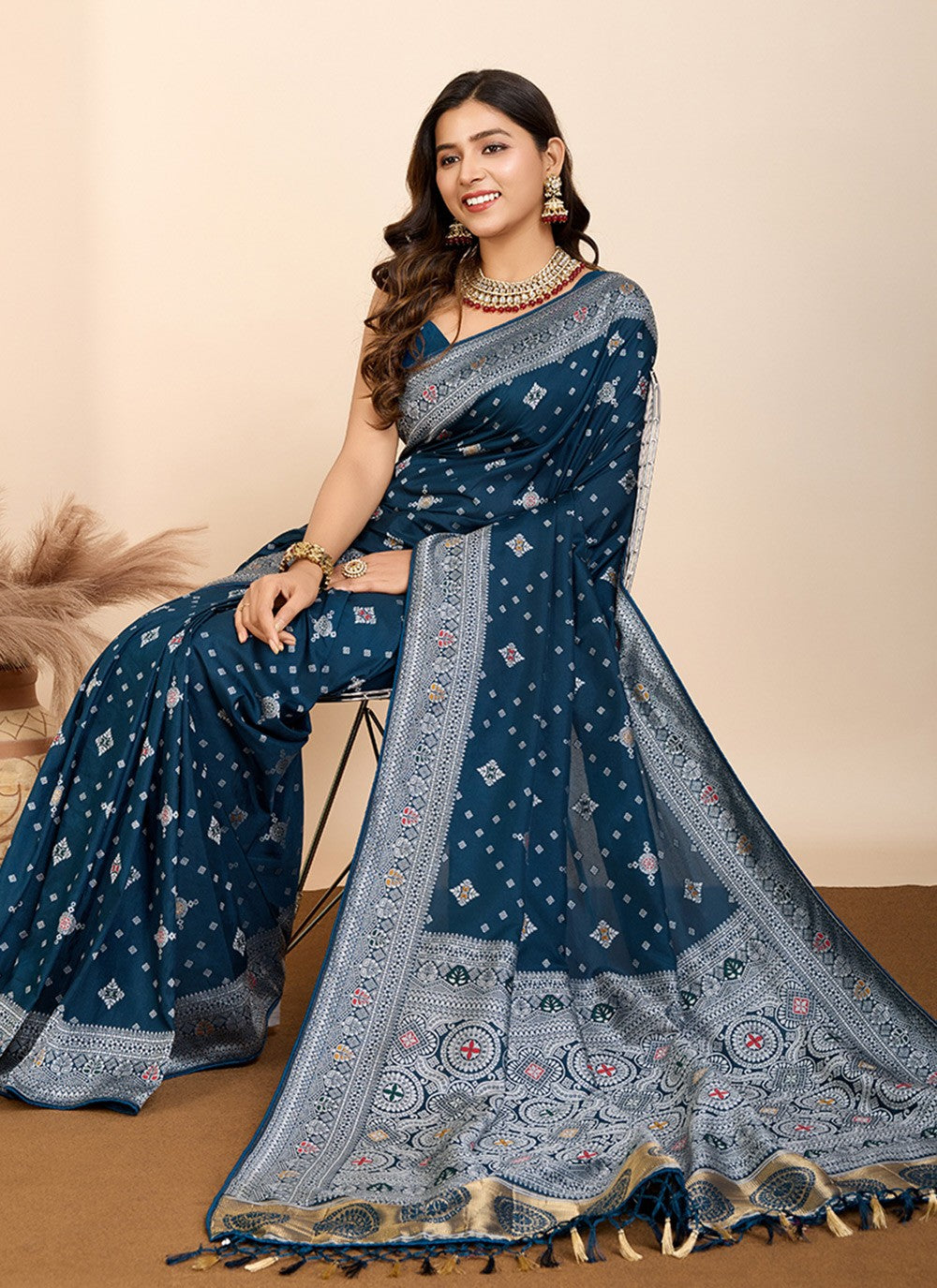 Contemporary Meenakari Teal Silk Saree S13585
