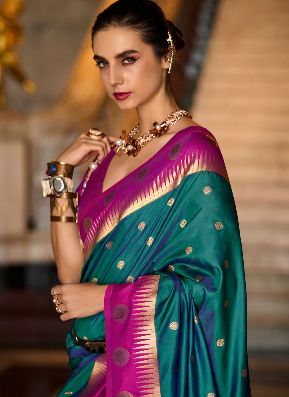 Weaving Zari Silk Teal Traditional Saree S14854
