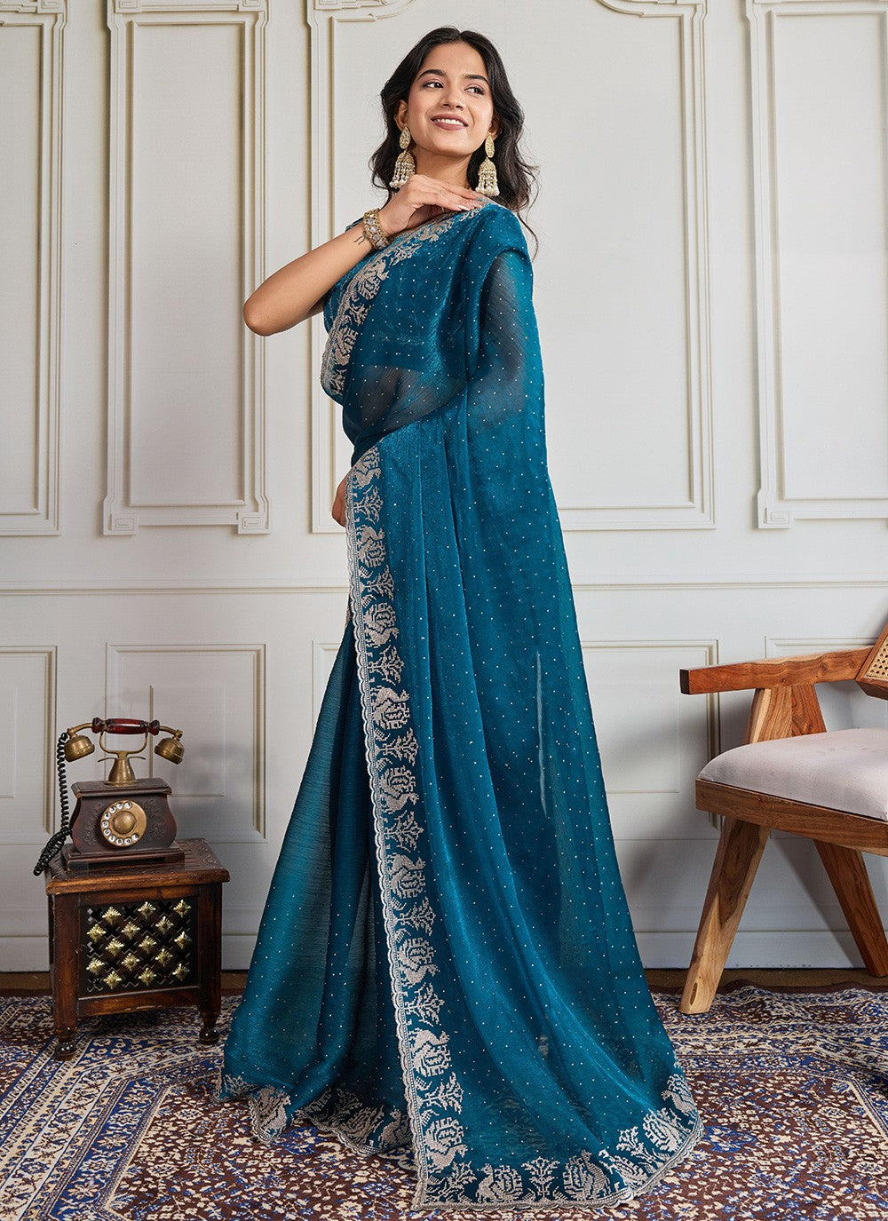 Teal Georgette Trendy Saree Embroidered, Swarovski S19302