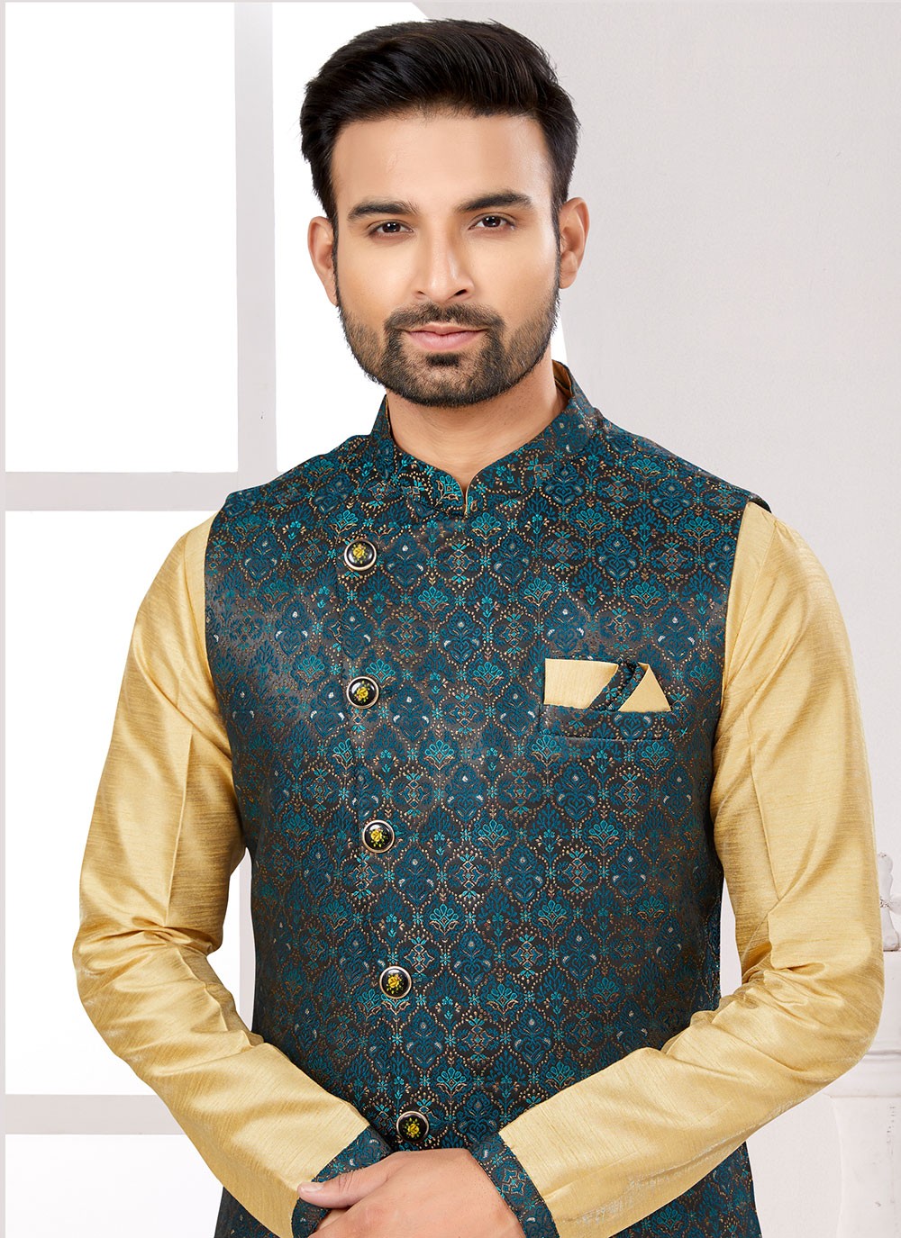 Thread Jacquard Teal Kurta Payjama With Jacket - M6714