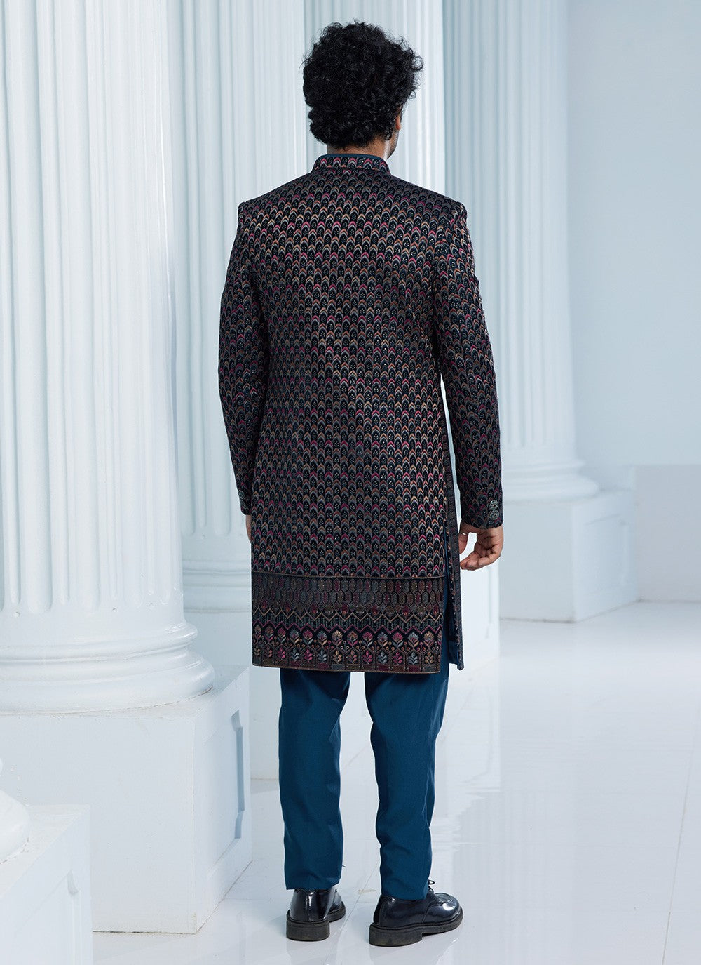 Machine Embroidery Velvet Teal Indo Western Sherwani - M6108