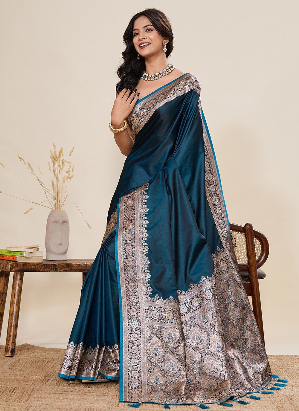 Teal Satin Silk Trendy Saree Woven, Zari S19512