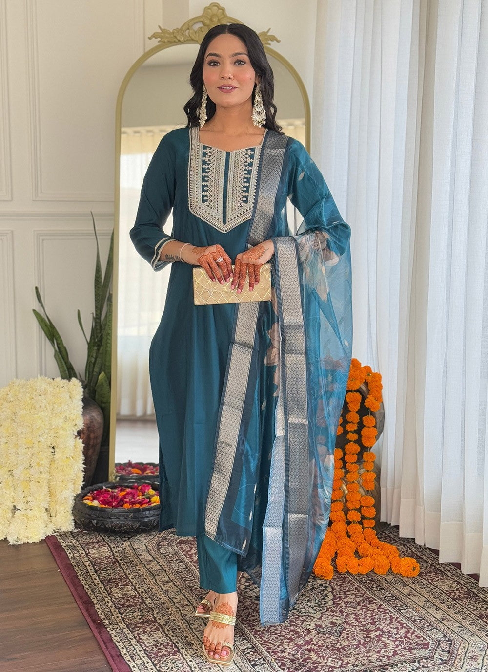 Embroidered Viscose Teal Salwar Suit T6043