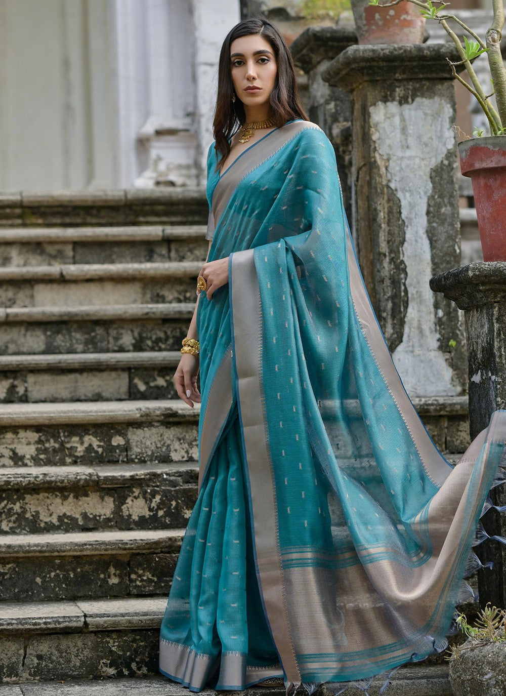 Woven Silk Teal Saree S13893