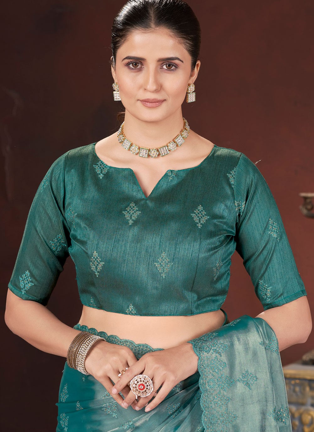Cut Work Jimmy Chu Teal Classic Saree S15598