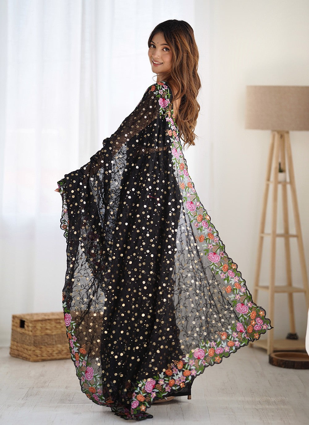 Contemporary Embroidered Black Georgette S12363