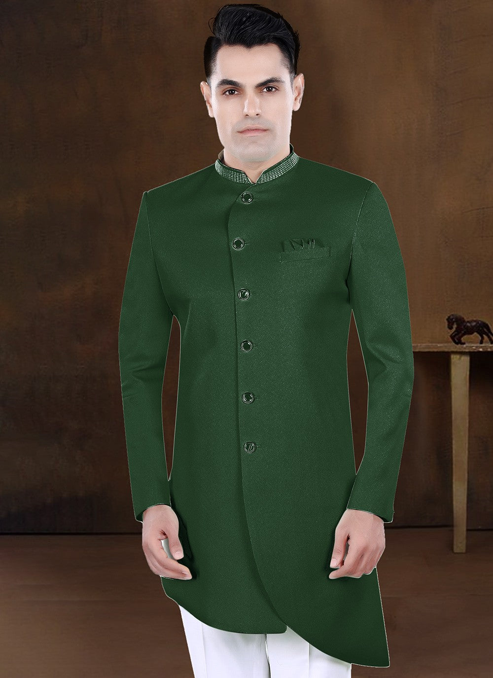 Embroidered Imported Green Indo Western - M8209