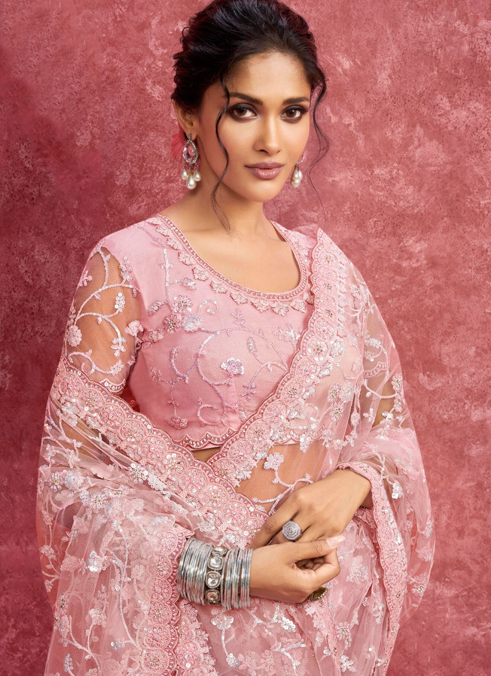 Pink Net Classic Saree Border Work, Cut Work, Embroidered, Sequins, Thread S19362
