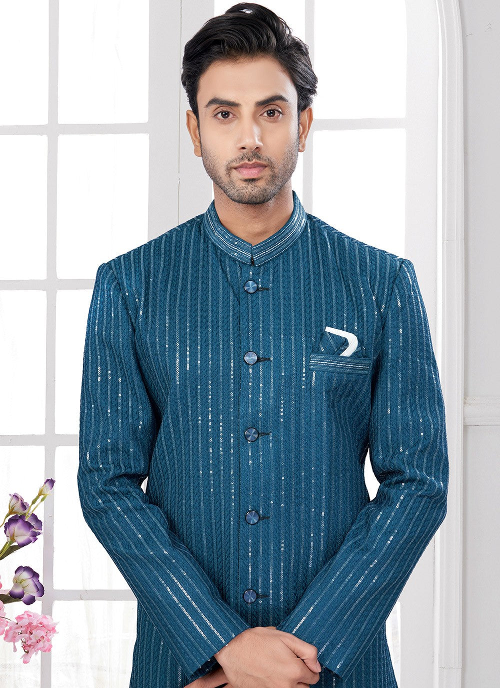 Machine Embroidery Imported, Silk Firozi Indo Western - M8642