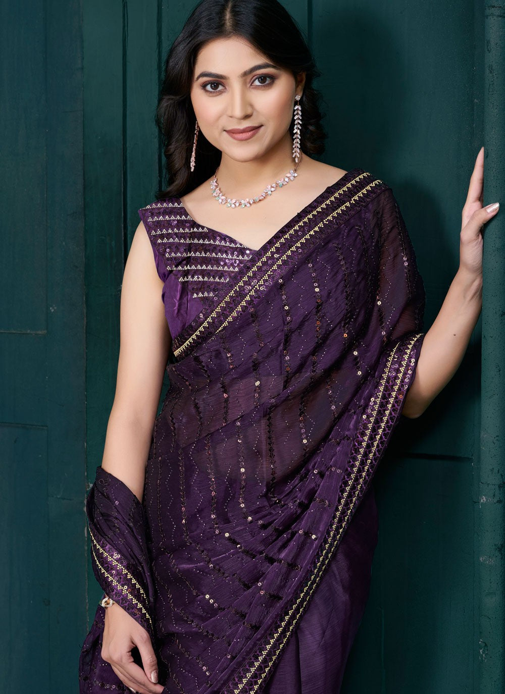 Sequins Organza Purple Traditional Saree S15206