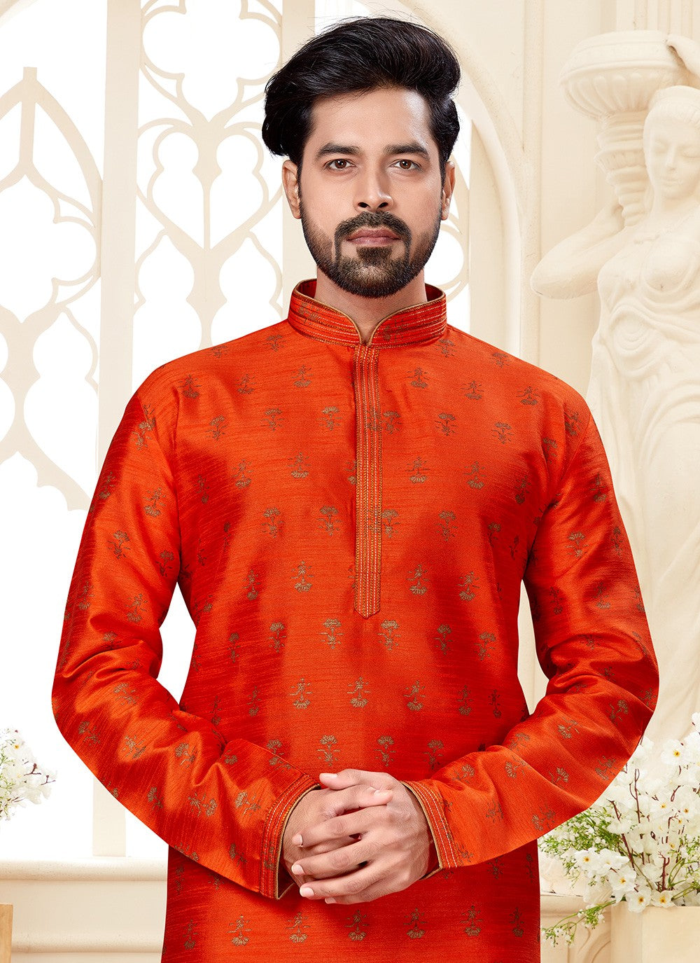 Printed Dupion Silk Rust Kurta - M5589