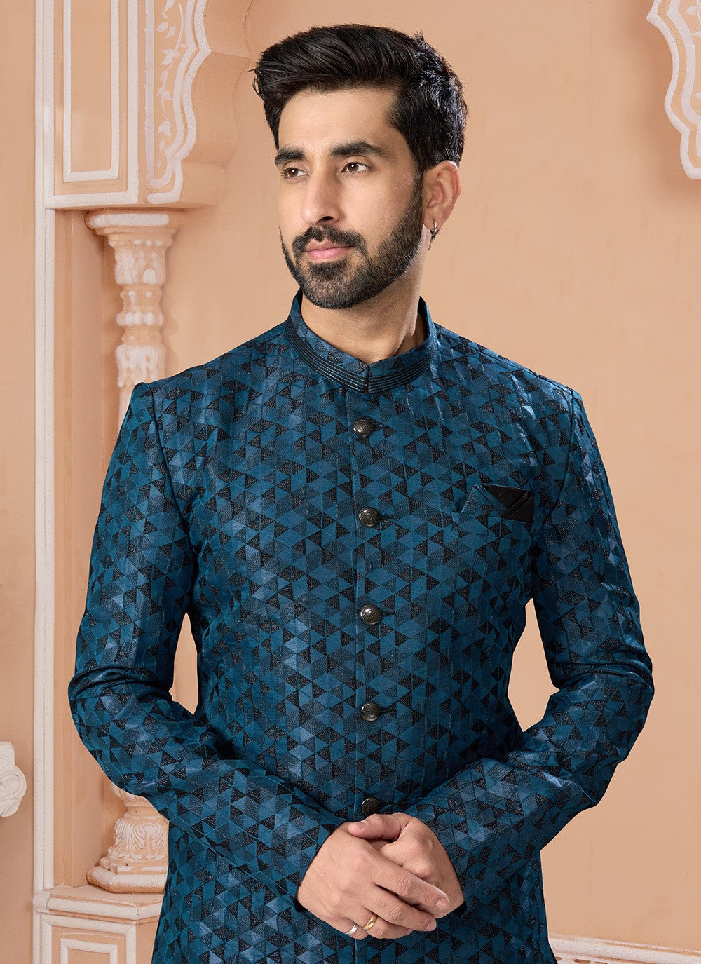 Thread Jacquard Black, Blue Indo Western Sherwani - M6893