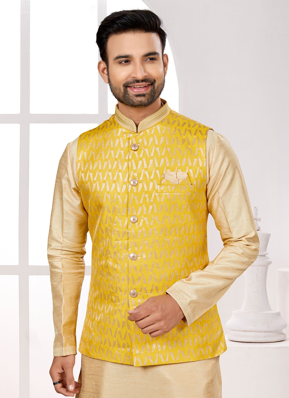Thread Jacquard Yellow Kurta Payjama With Jacket - M6707