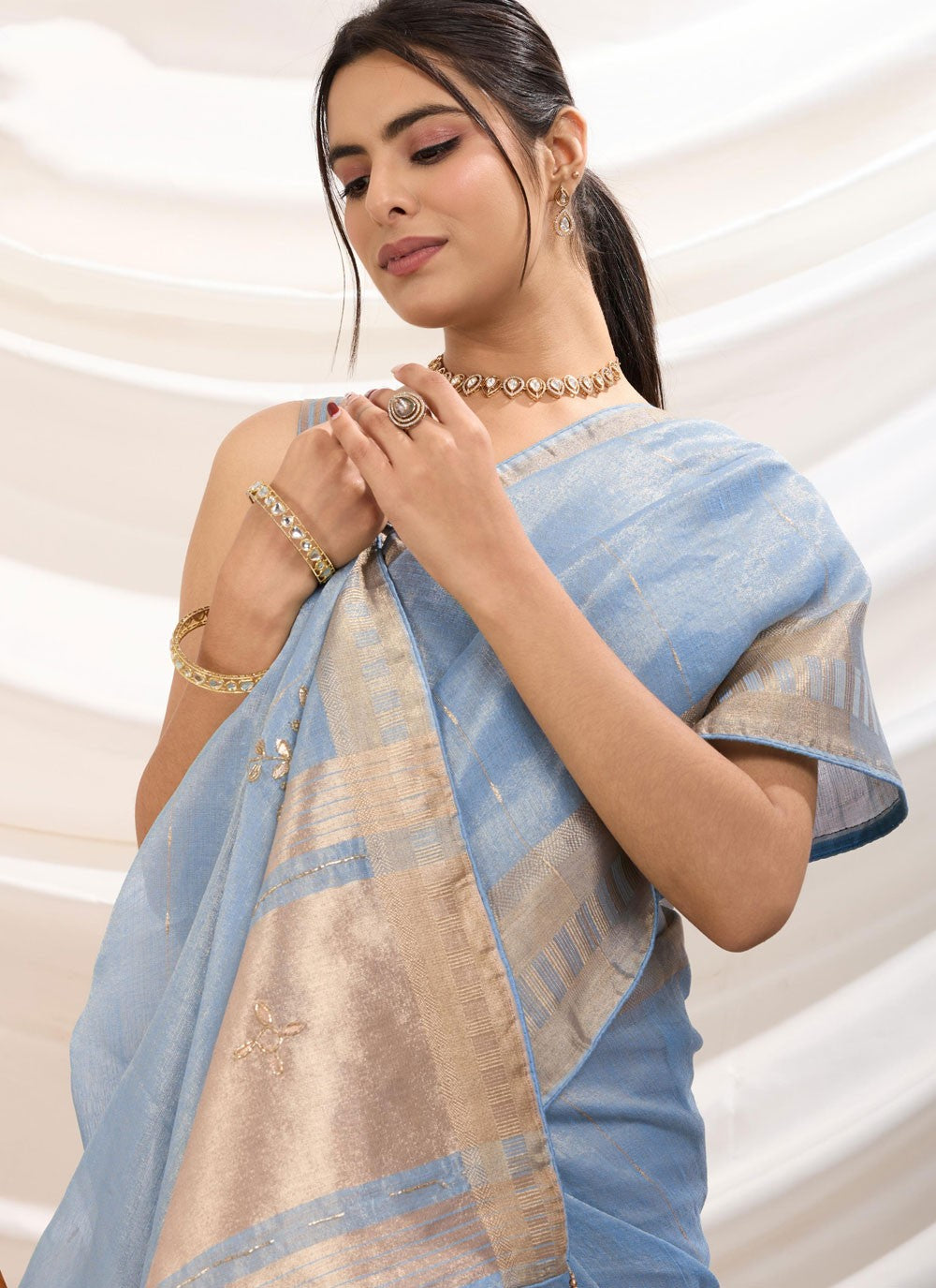 Embroidered Linen Blue Traditional Saree S14850