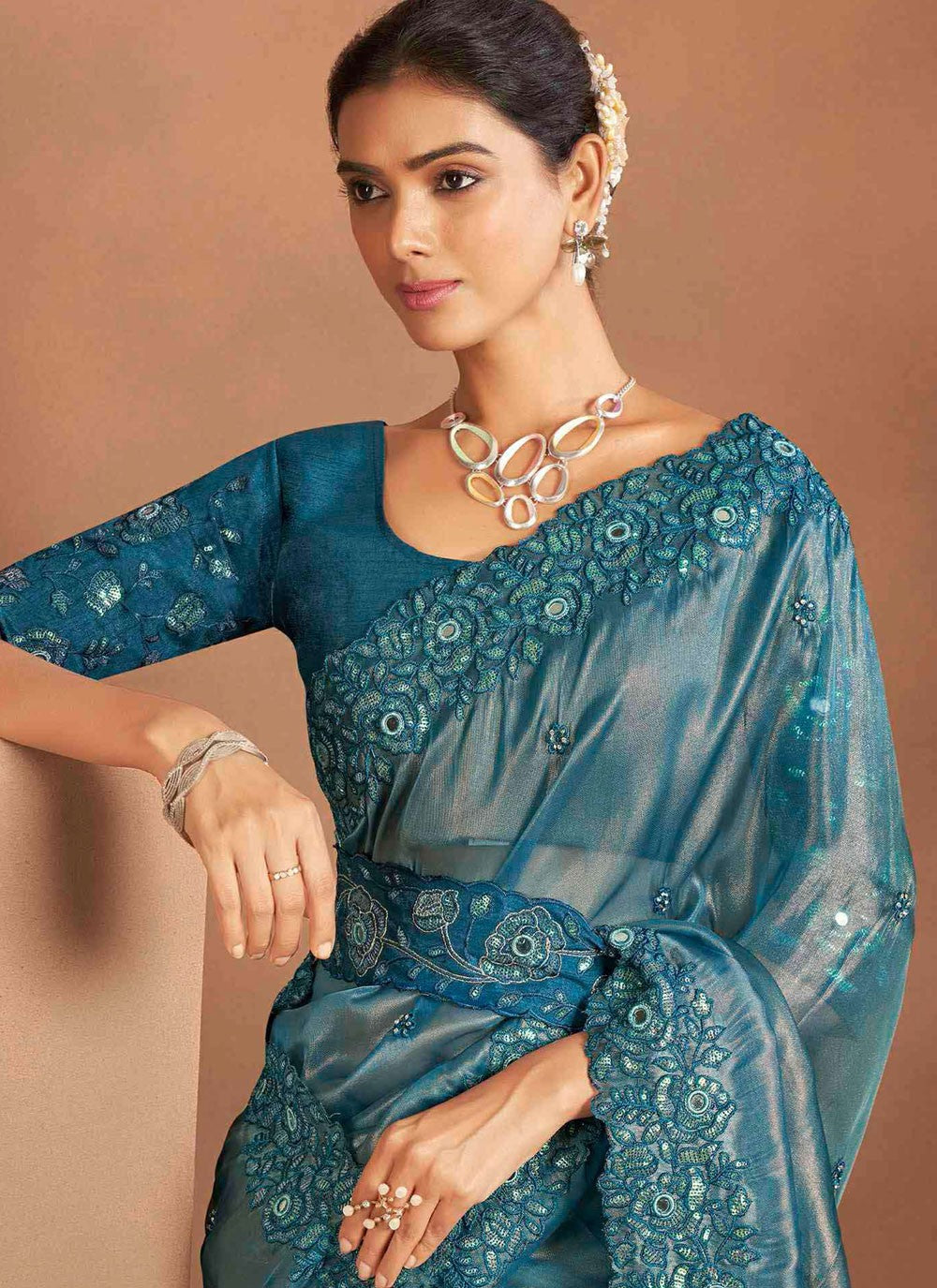 Trendy Saree Embroidered Blue Silk Saree S13387
