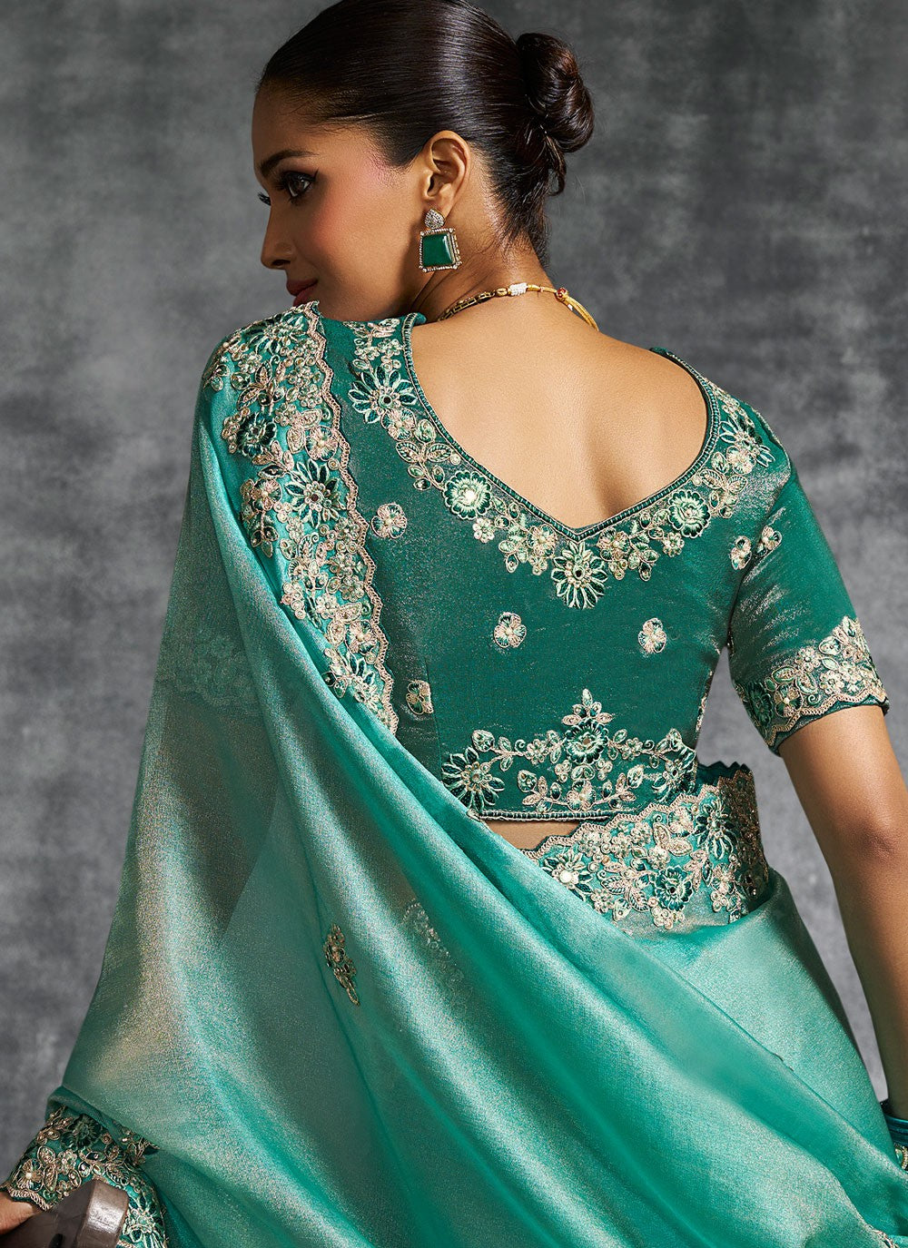 Sea Green Tissue Classic Saree Embroidered, Resham, Thread S19893