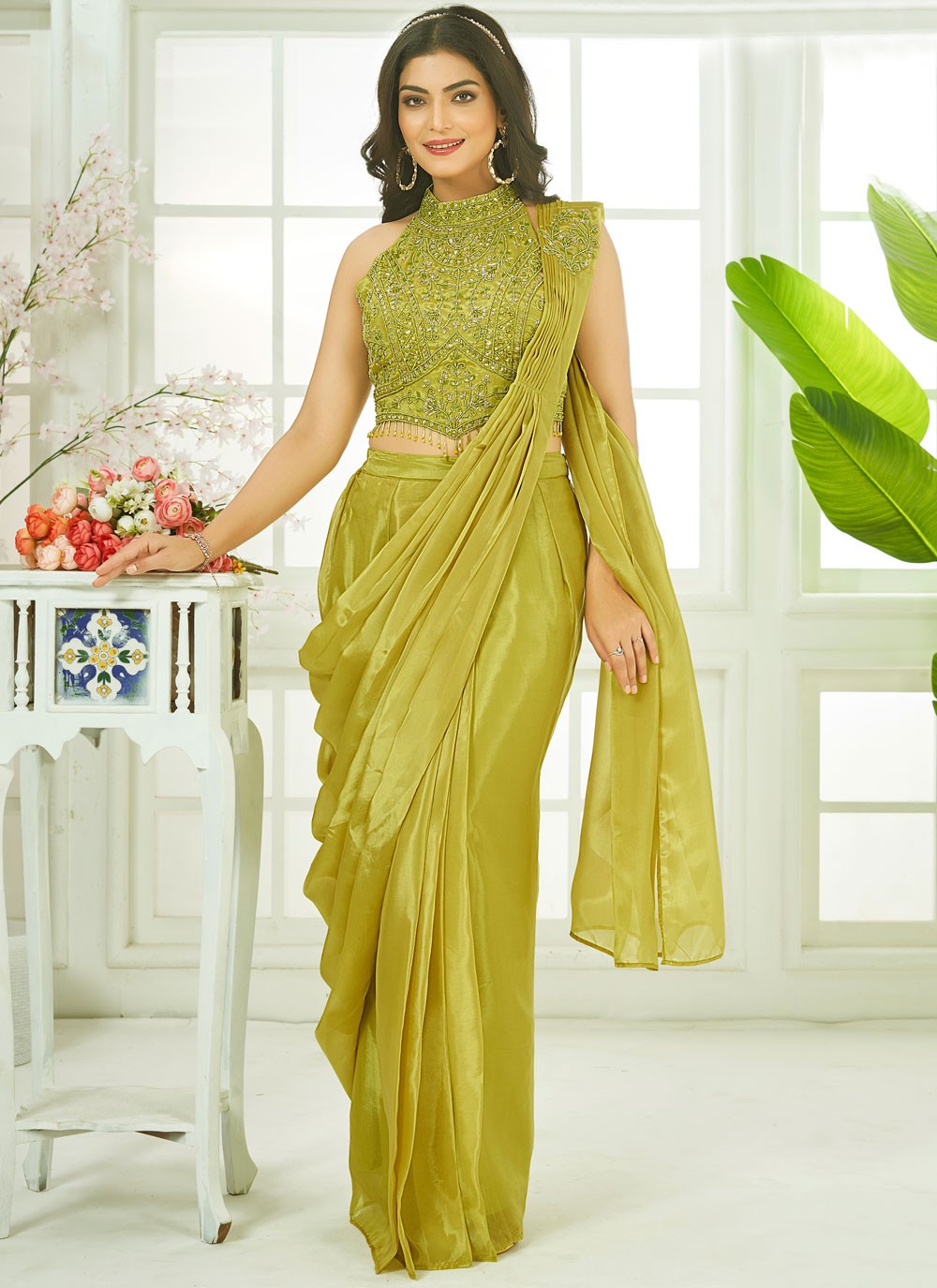 Green Tissue Classic Saree Embroidered S20341