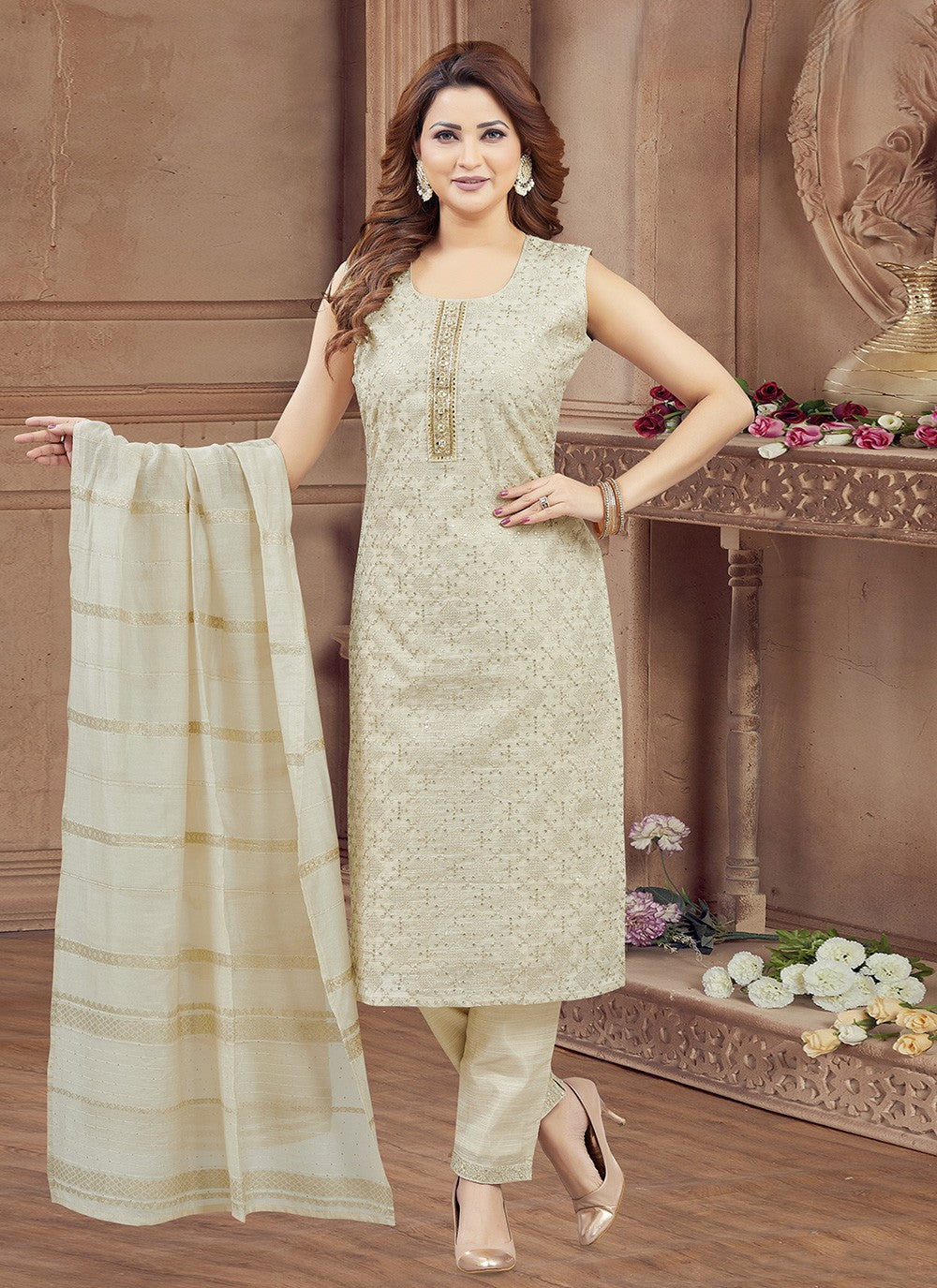 Pant Style Suit Embroidered Cream T8051