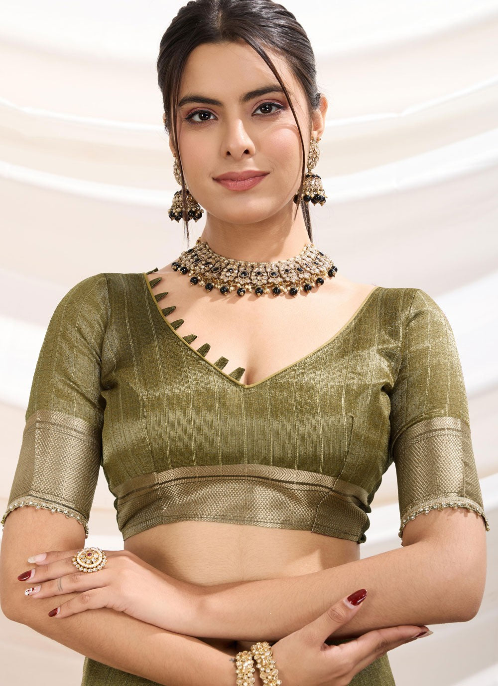 Fancy Work Linen Green Classic Saree S15370