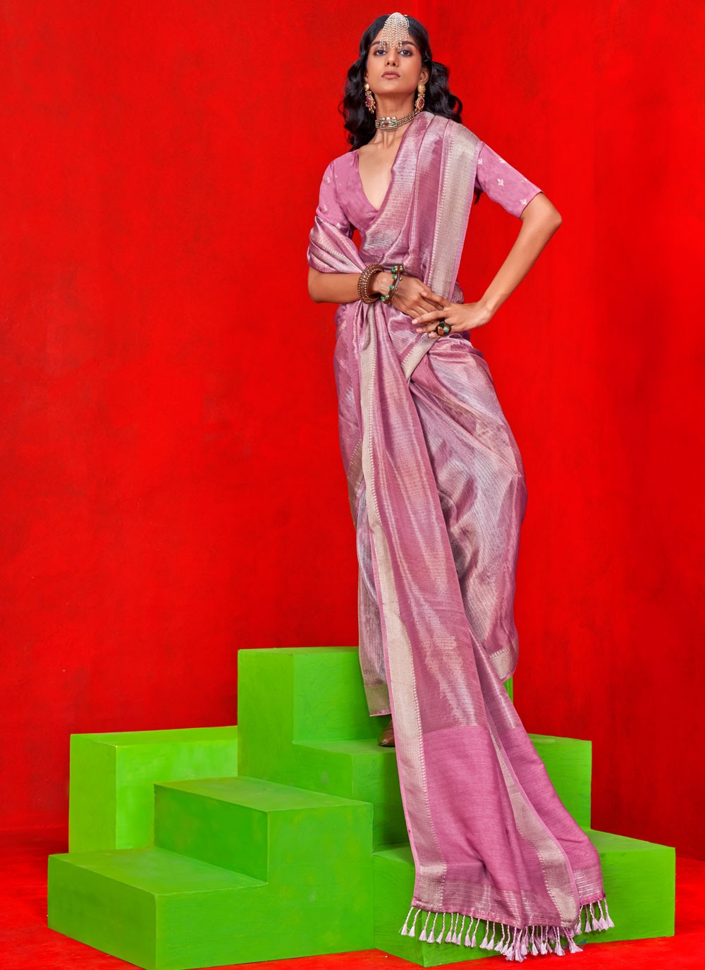 Classic Saree Weaving Zari Pink, Purple Tissue S12698