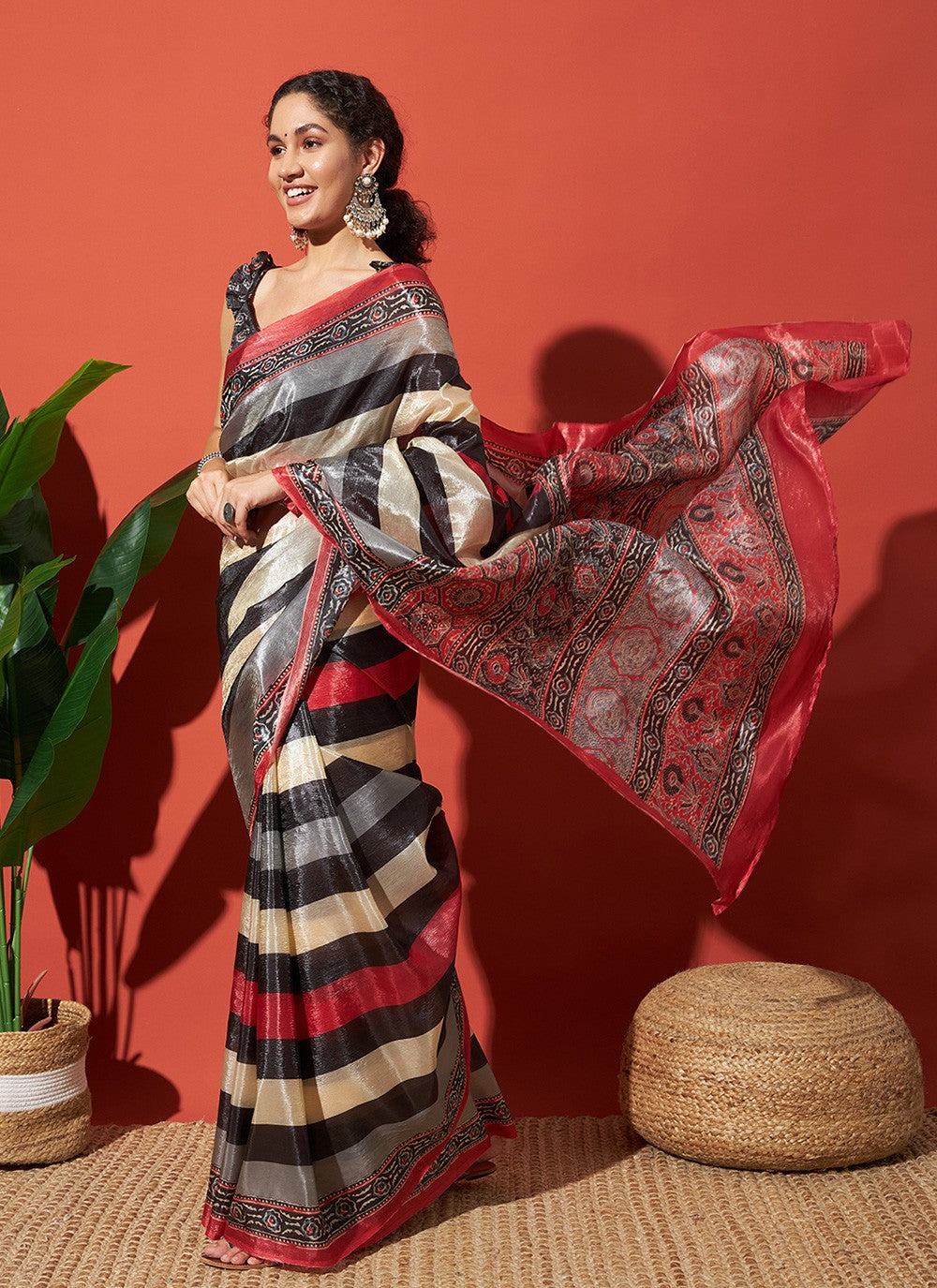 Multi Colour Tissue Contemporary Saree Printed S17702