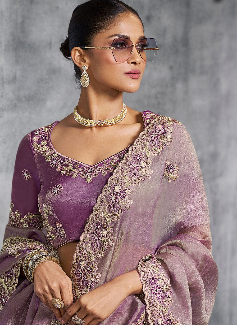 Purple Tissue Trendy Saree Embroidered, Resham, Thread S19892